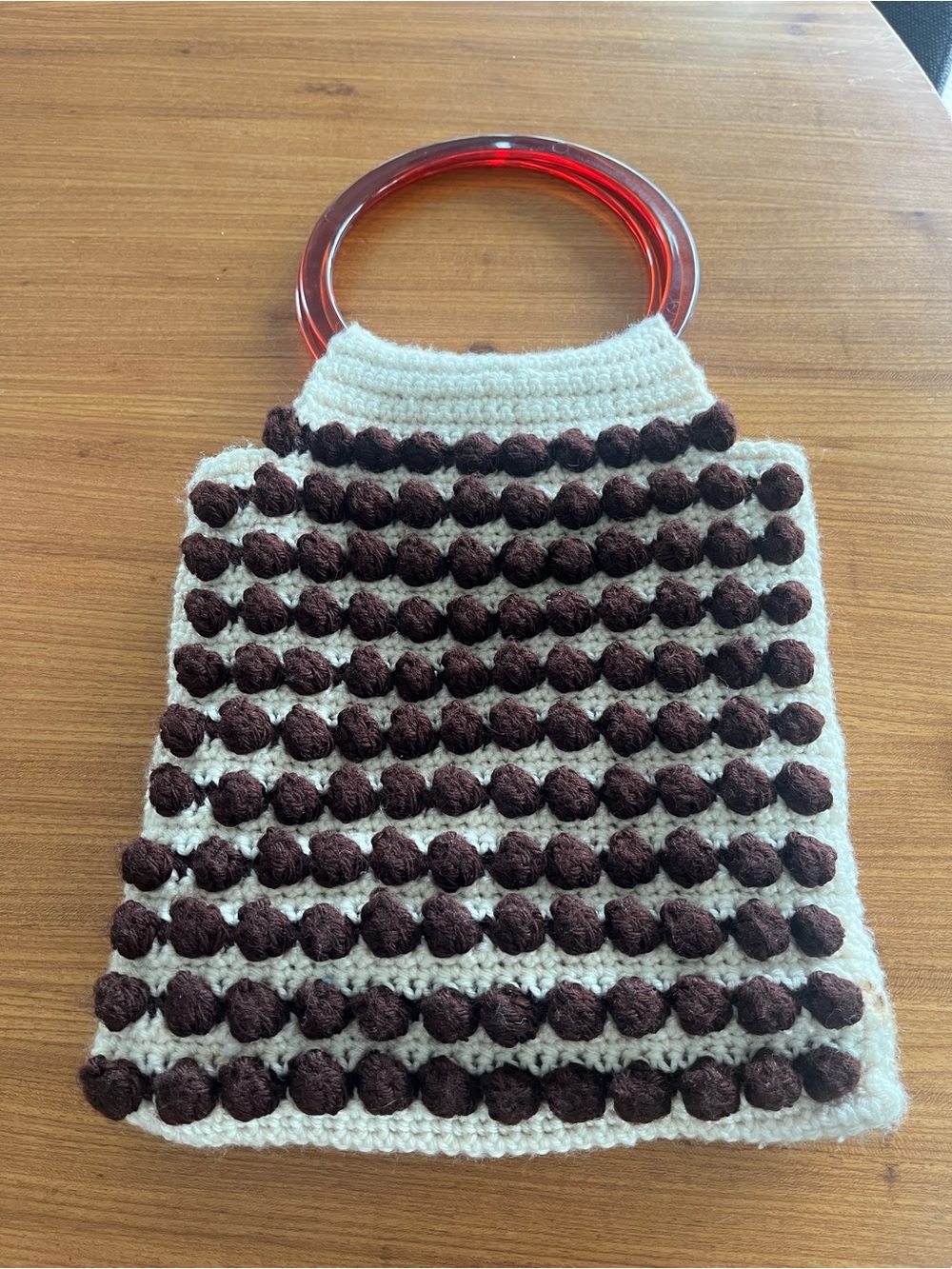 Handmade Cream and Dark Brown Crochet Tote with Red Acrylic Handles